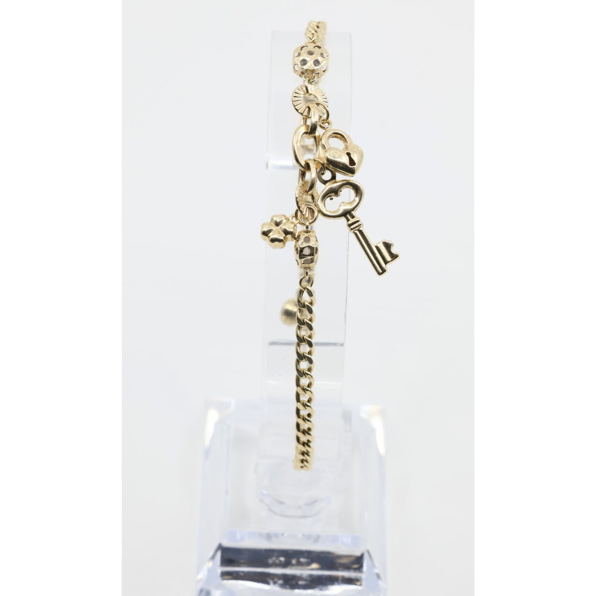 14K Yellow Gold Cuban Link Lucky Charm Key, Lock & Clover Resizable Bracelet