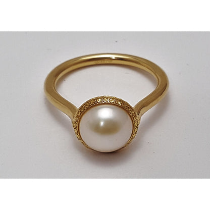 18K Yellow Gold Diamond Cut Pearl Ring