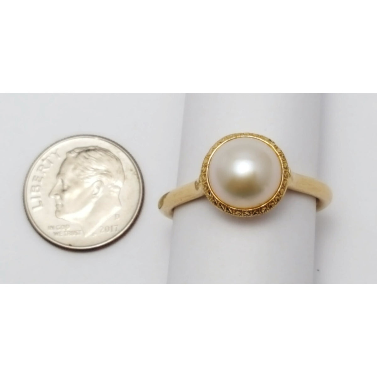 18K Yellow Gold Diamond Cut Pearl Ring