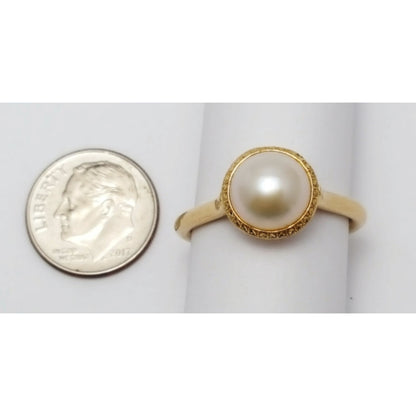 18K Yellow Gold Diamond Cut Pearl Ring