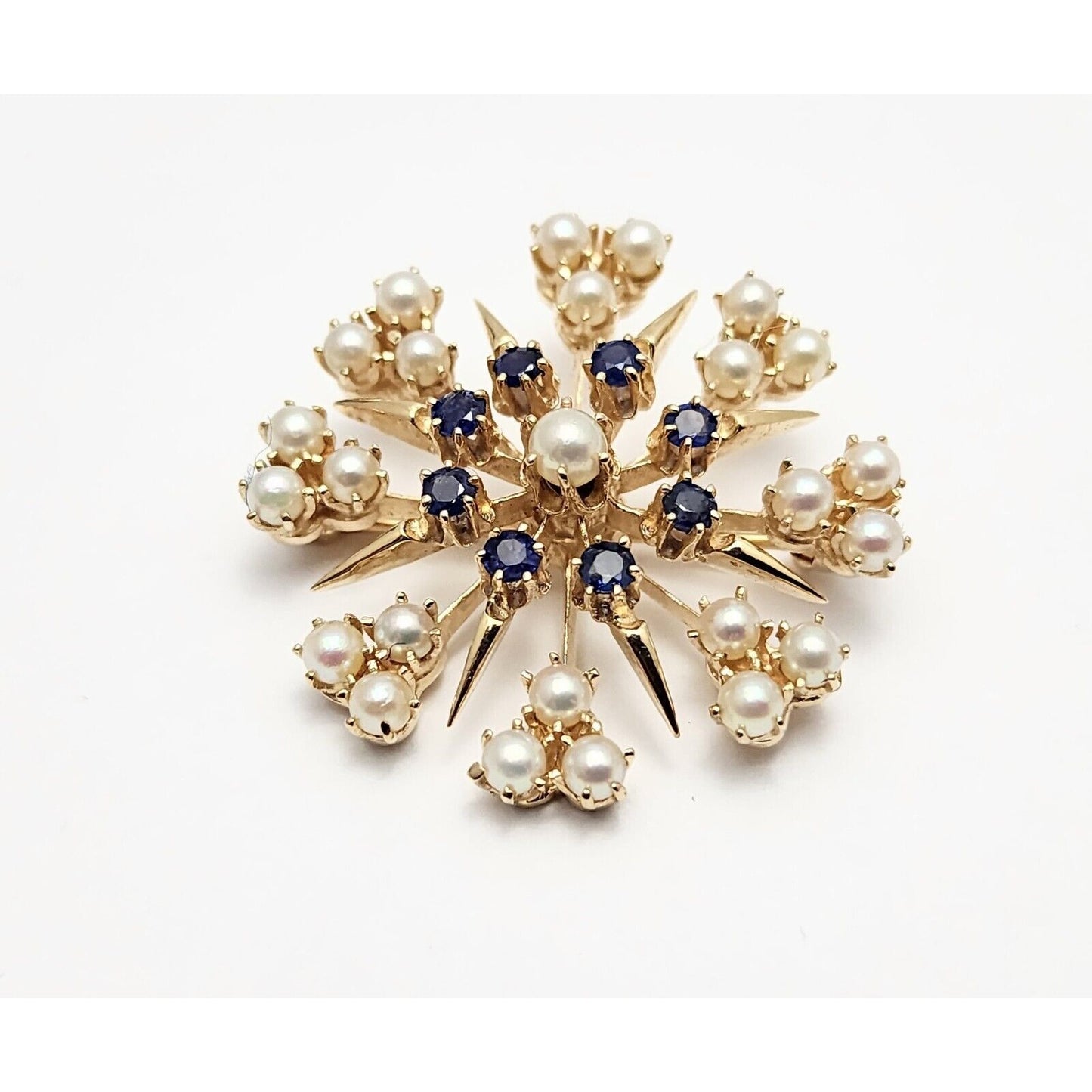 Vintage 14K Yellow Gold Round Pearl & Sapphire Brooch Pin Charm Pendant