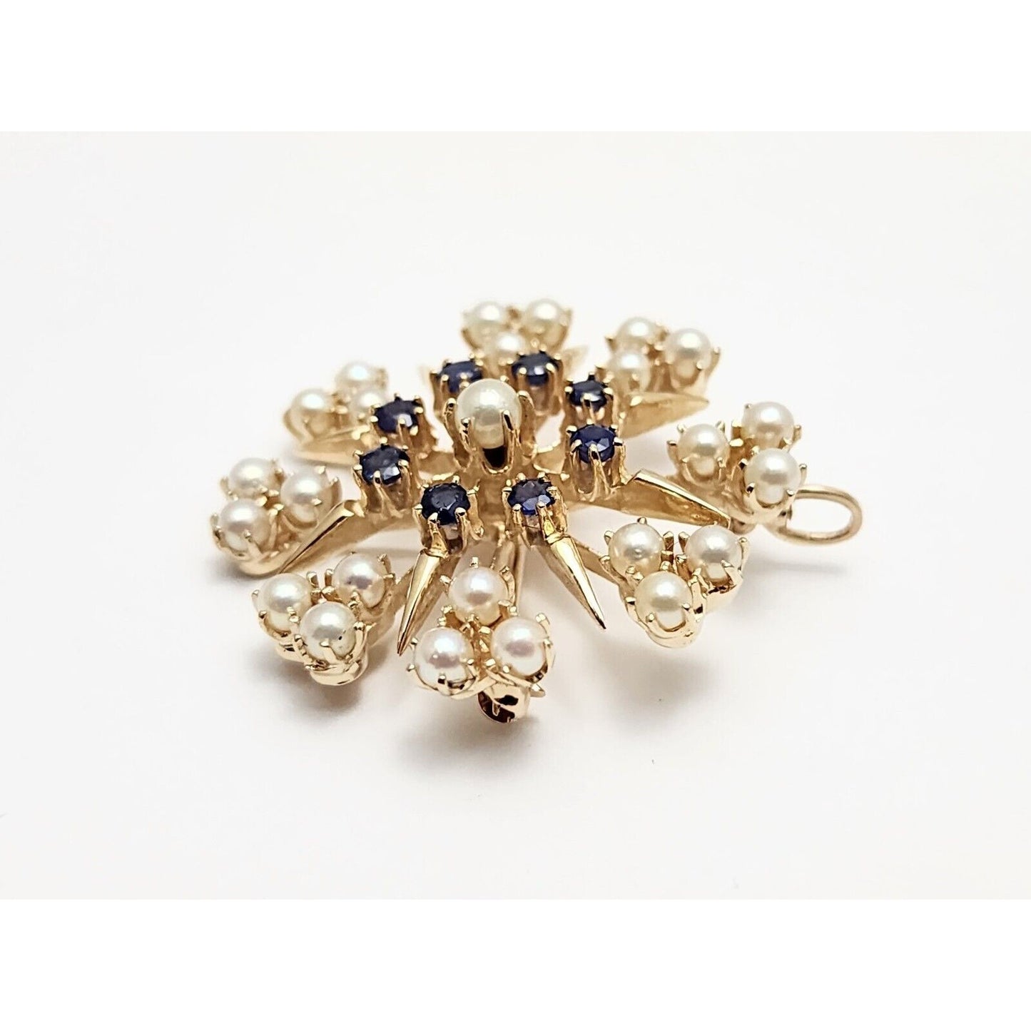 Vintage 14K Yellow Gold Round Pearl & Sapphire Brooch Pin Charm Pendant