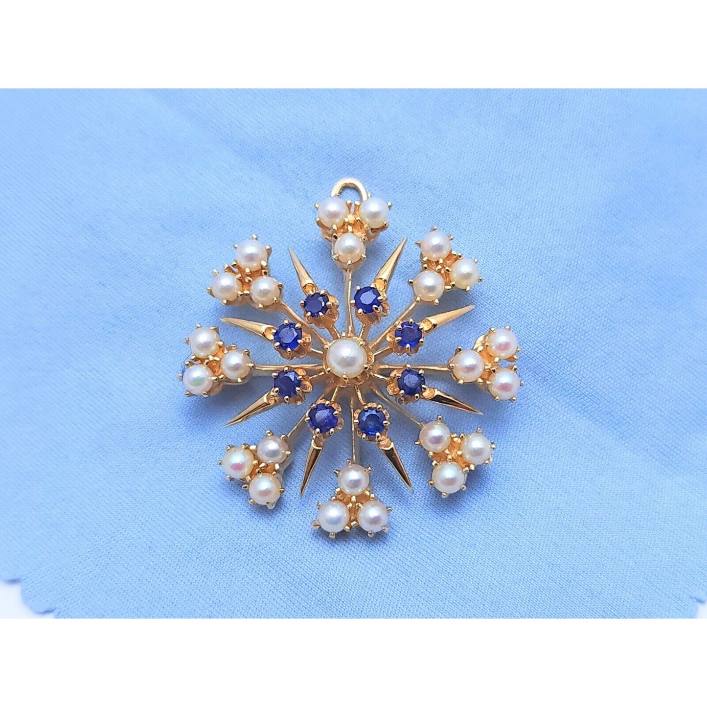 Vintage 14K Yellow Gold Round Pearl & Sapphire Brooch Pin Charm Pendant