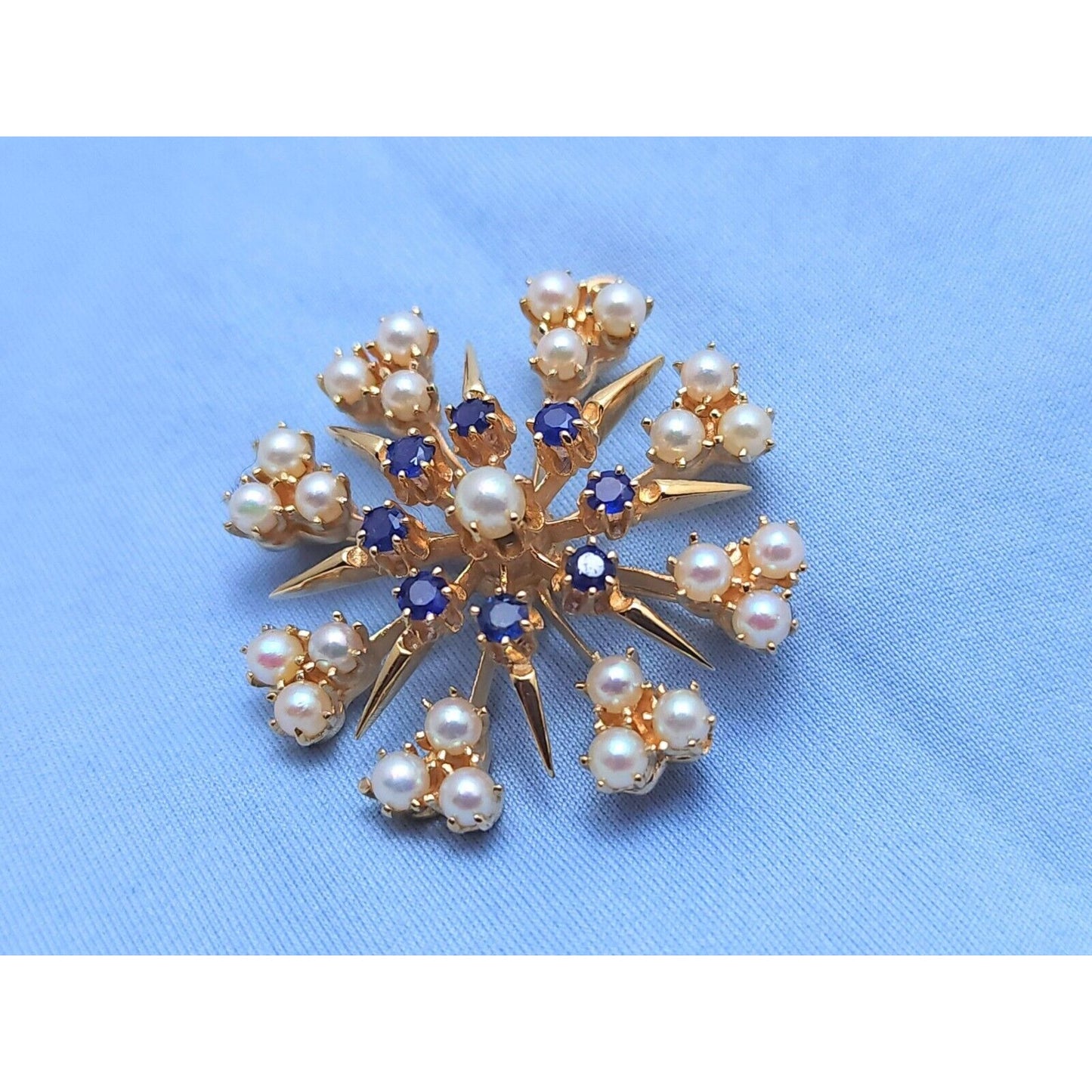 Vintage 14K Yellow Gold Round Pearl & Sapphire Brooch Pin Charm Pendant