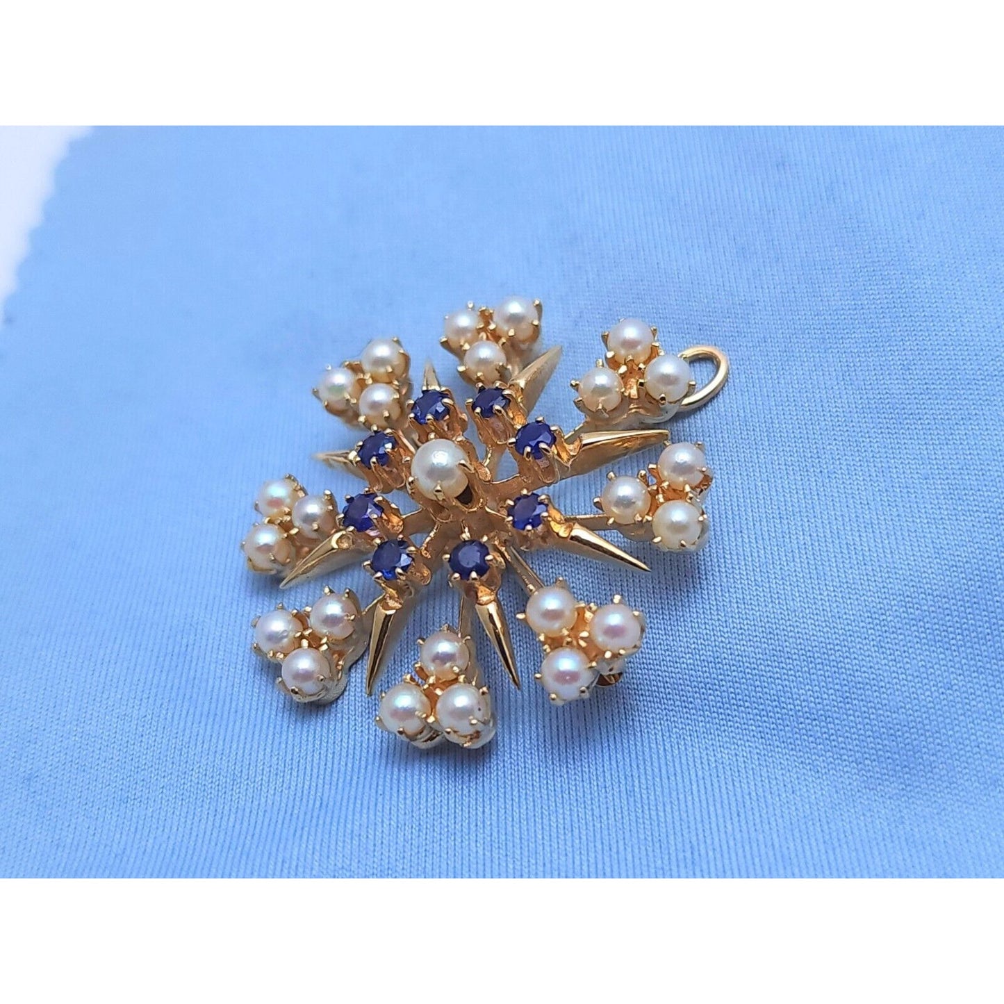 Vintage 14K Yellow Gold Round Pearl & Sapphire Brooch Pin Charm Pendant