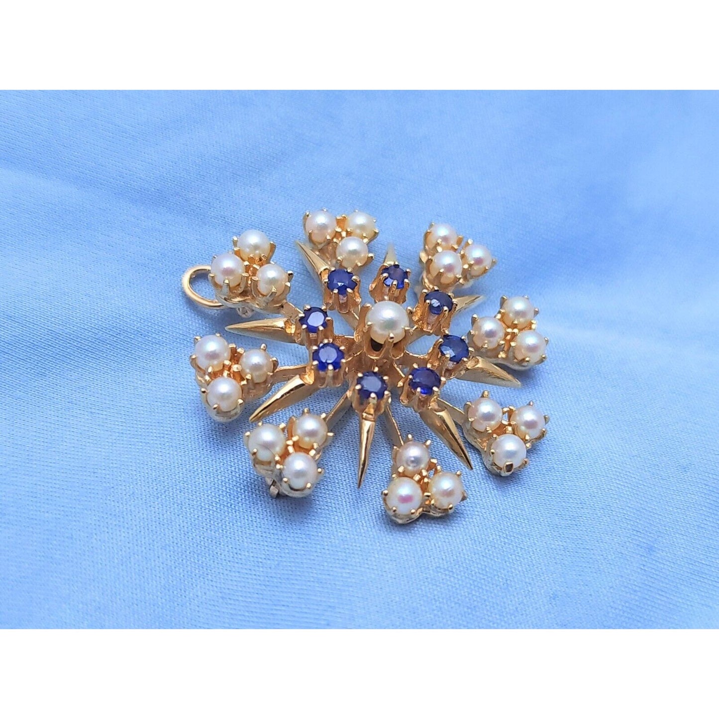 Vintage 14K Yellow Gold Round Pearl & Sapphire Brooch Pin Charm Pendant