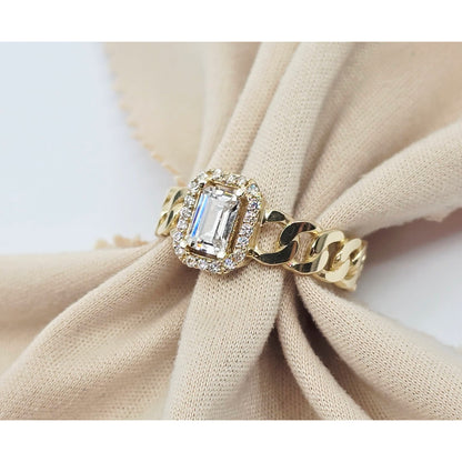 14K Yellow Gold Cuban Style Emerald CZ Ring