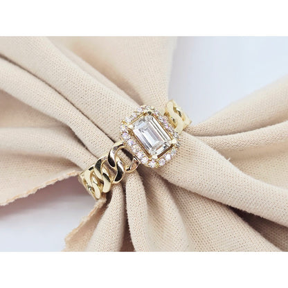 14K Yellow Gold Cuban Style Emerald CZ Ring