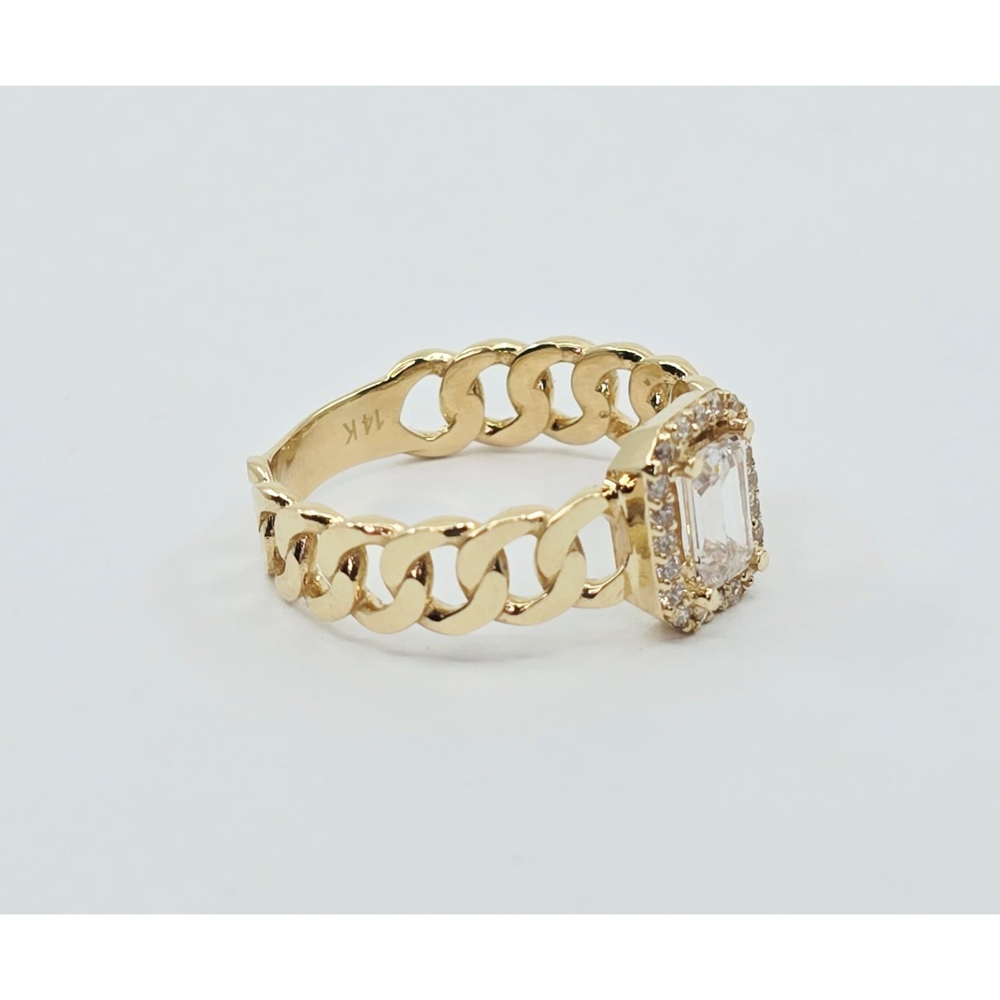 14K Yellow Gold Cuban Style Emerald CZ Ring