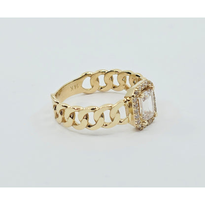 14K Yellow Gold Cuban Style Emerald CZ Ring