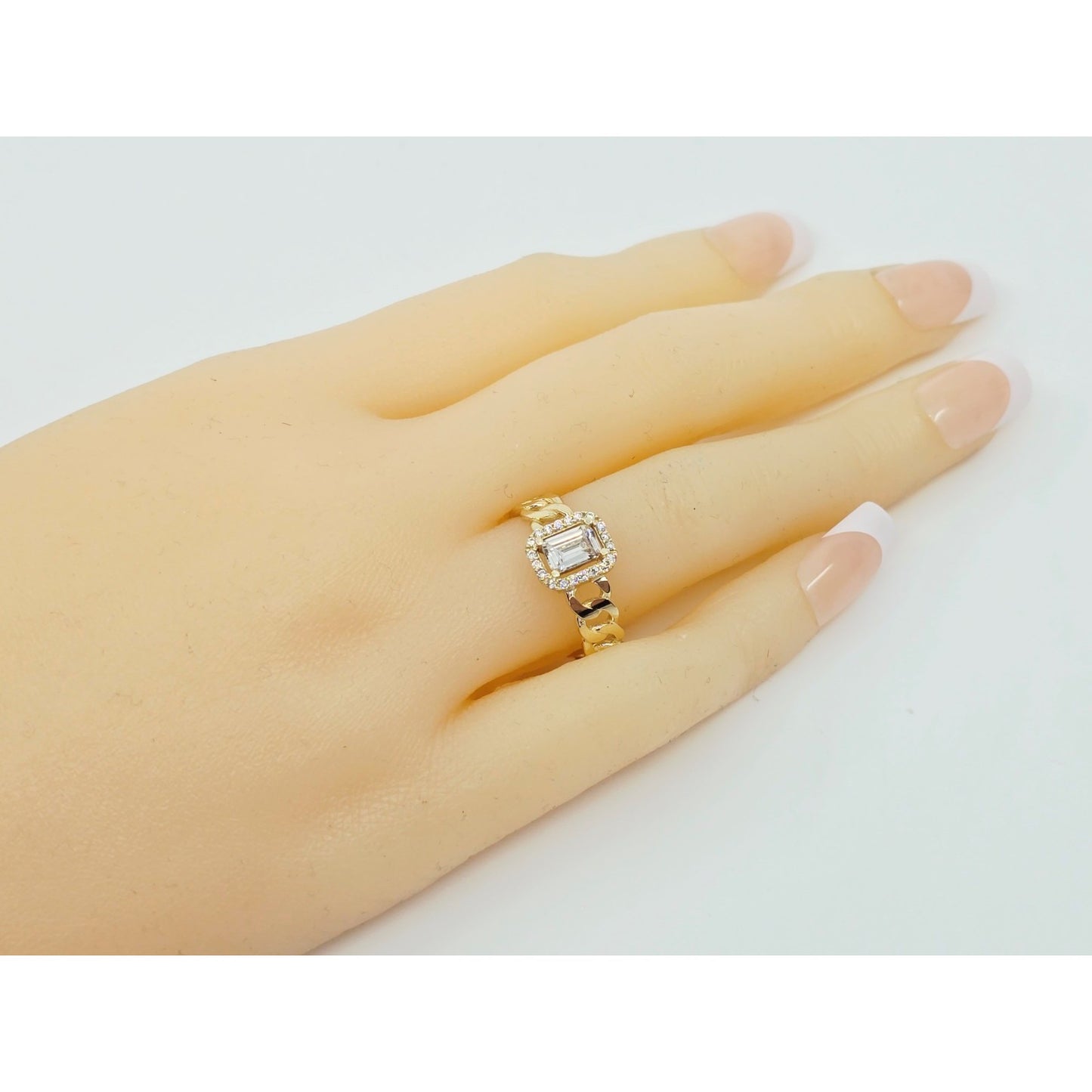 14K Yellow Gold Cuban Style Emerald CZ Ring