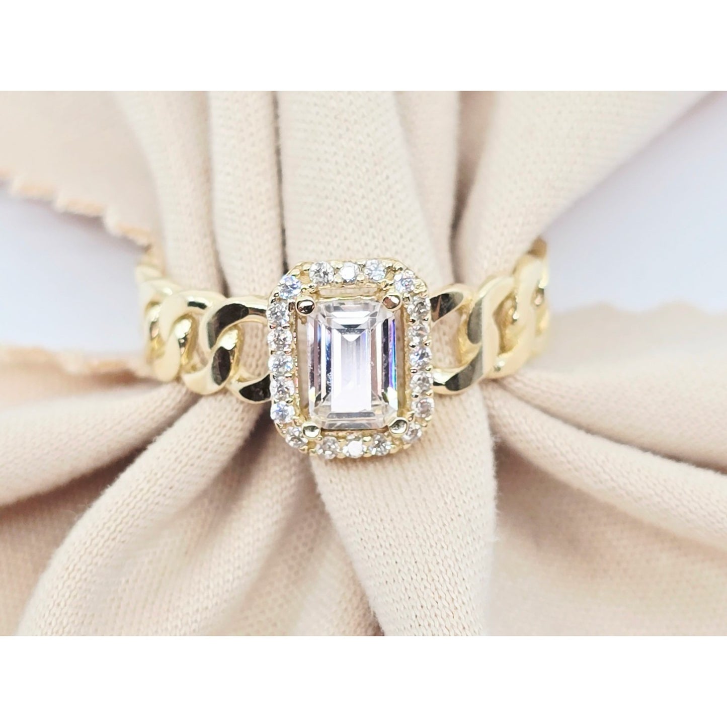 14K Yellow Gold Cuban Style Emerald CZ Ring