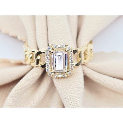 14K Yellow Gold Cuban Style Emerald CZ Ring
