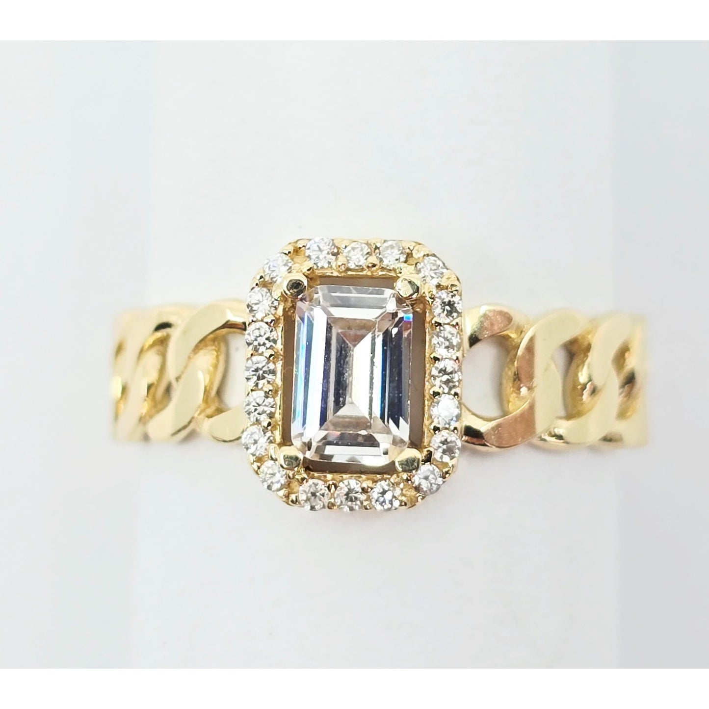 14K Yellow Gold Cuban Style Emerald CZ Ring
