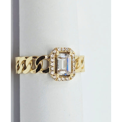 14K Yellow Gold Cuban Style Emerald CZ Ring