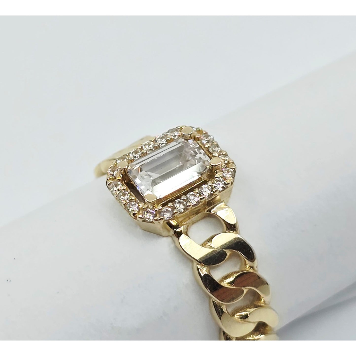 14K Yellow Gold Cuban Style Emerald CZ Ring