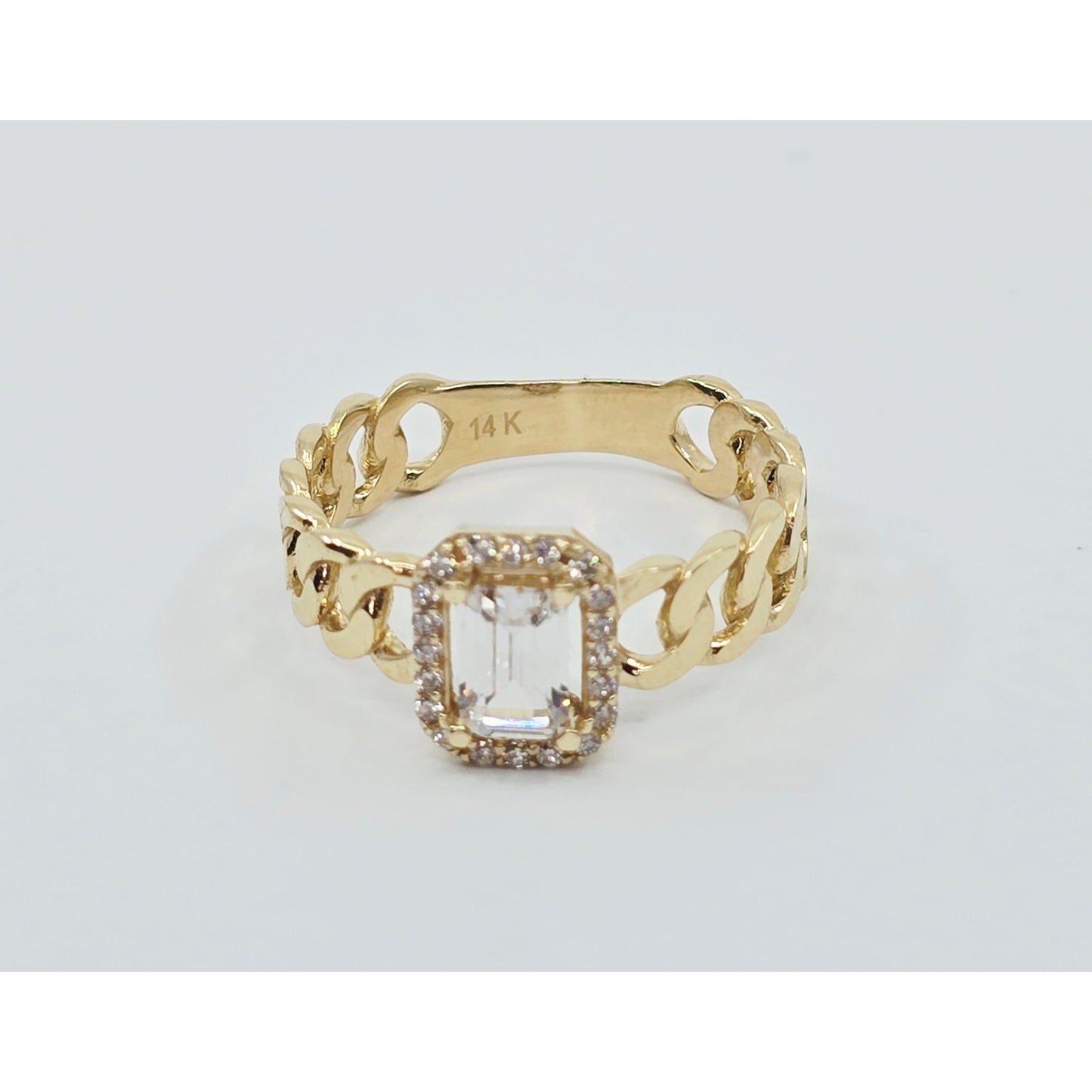 14K Yellow Gold Cuban Style Emerald CZ Ring