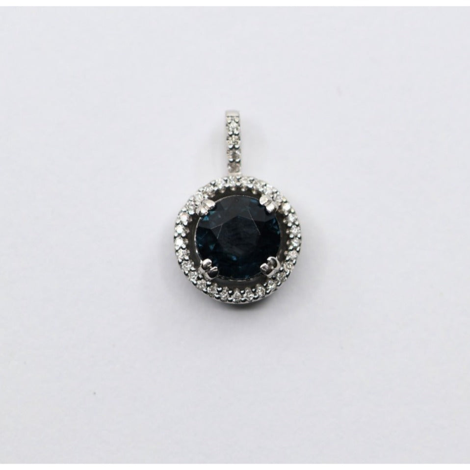 14K White Gold Blue Spinel & Diamond Round Charm Pendant