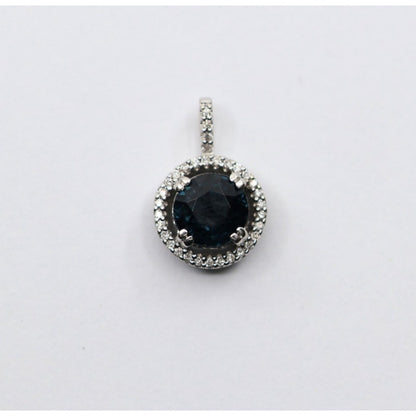 14K White Gold Blue Spinel & Diamond Round Charm Pendant
