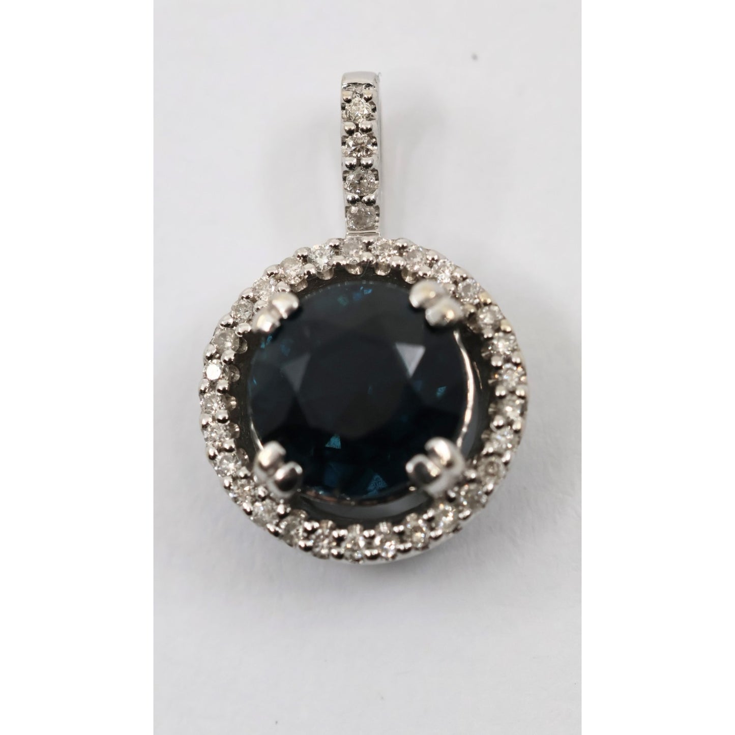 14K White Gold Blue Spinel & Diamond Round Charm Pendant