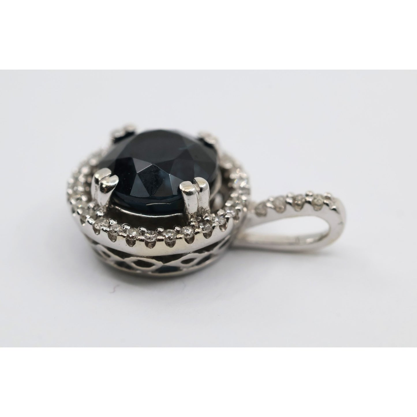 14K White Gold Blue Spinel & Diamond Round Charm Pendant
