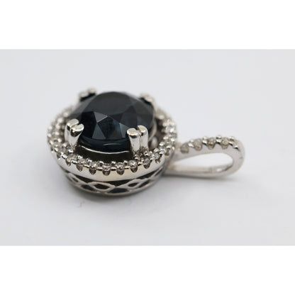 14K White Gold Blue Spinel & Diamond Round Charm Pendant