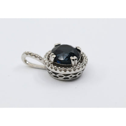 14K White Gold Blue Spinel & Diamond Round Charm Pendant
