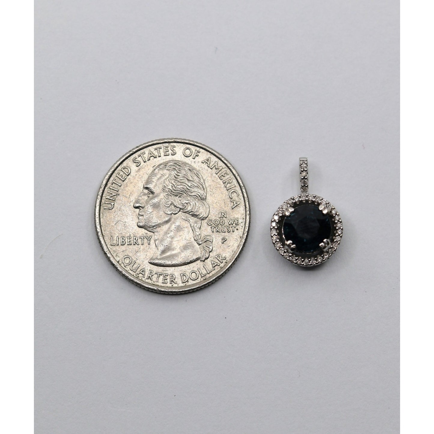 14K White Gold Blue Spinel & Diamond Round Charm Pendant