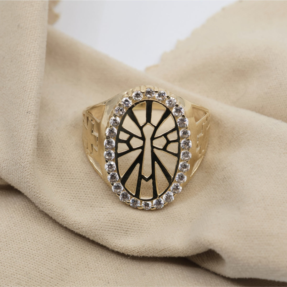 14K Yellow Gold Religious Cross CZ Oval Ring