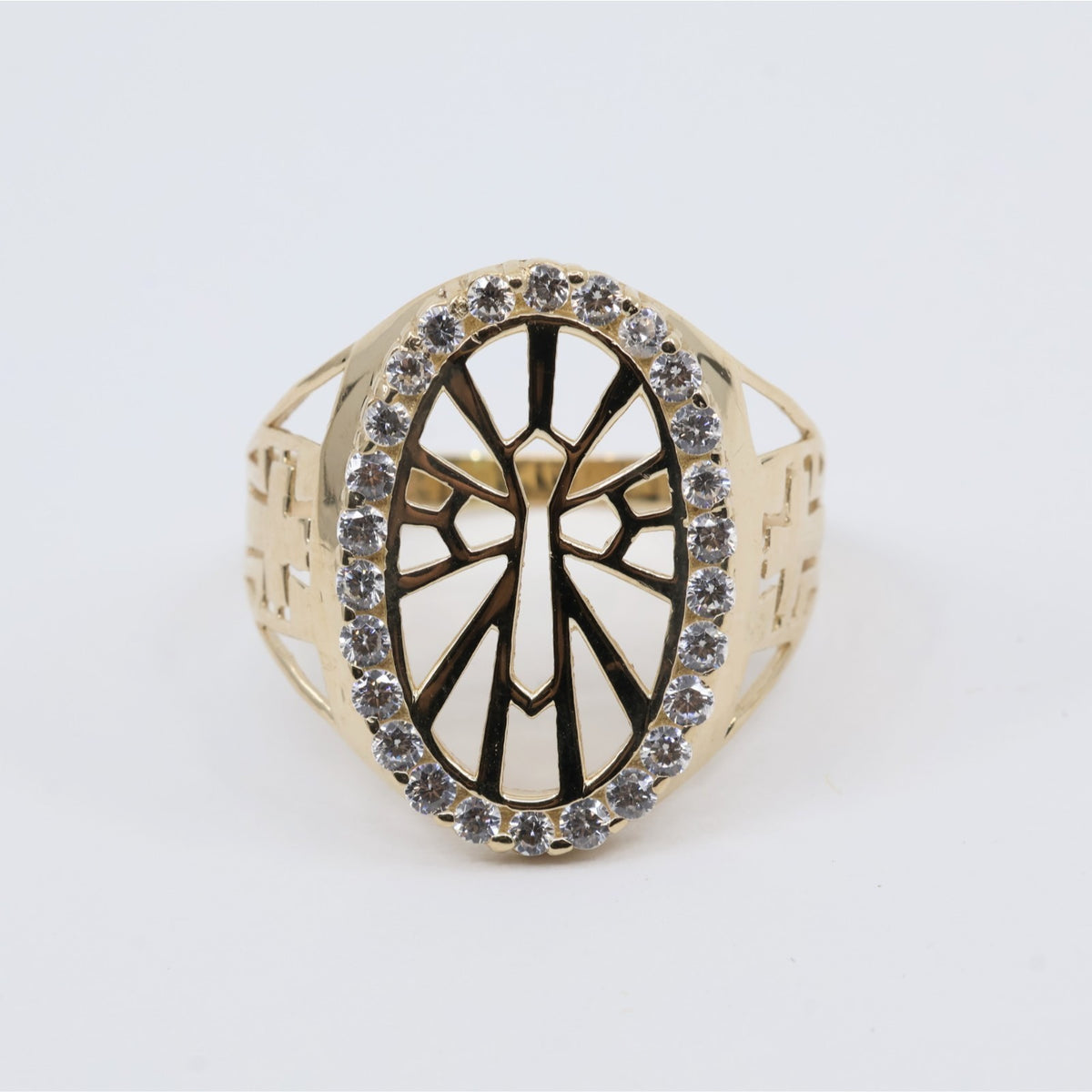 14K Yellow Gold Religious Cross CZ Oval Ring