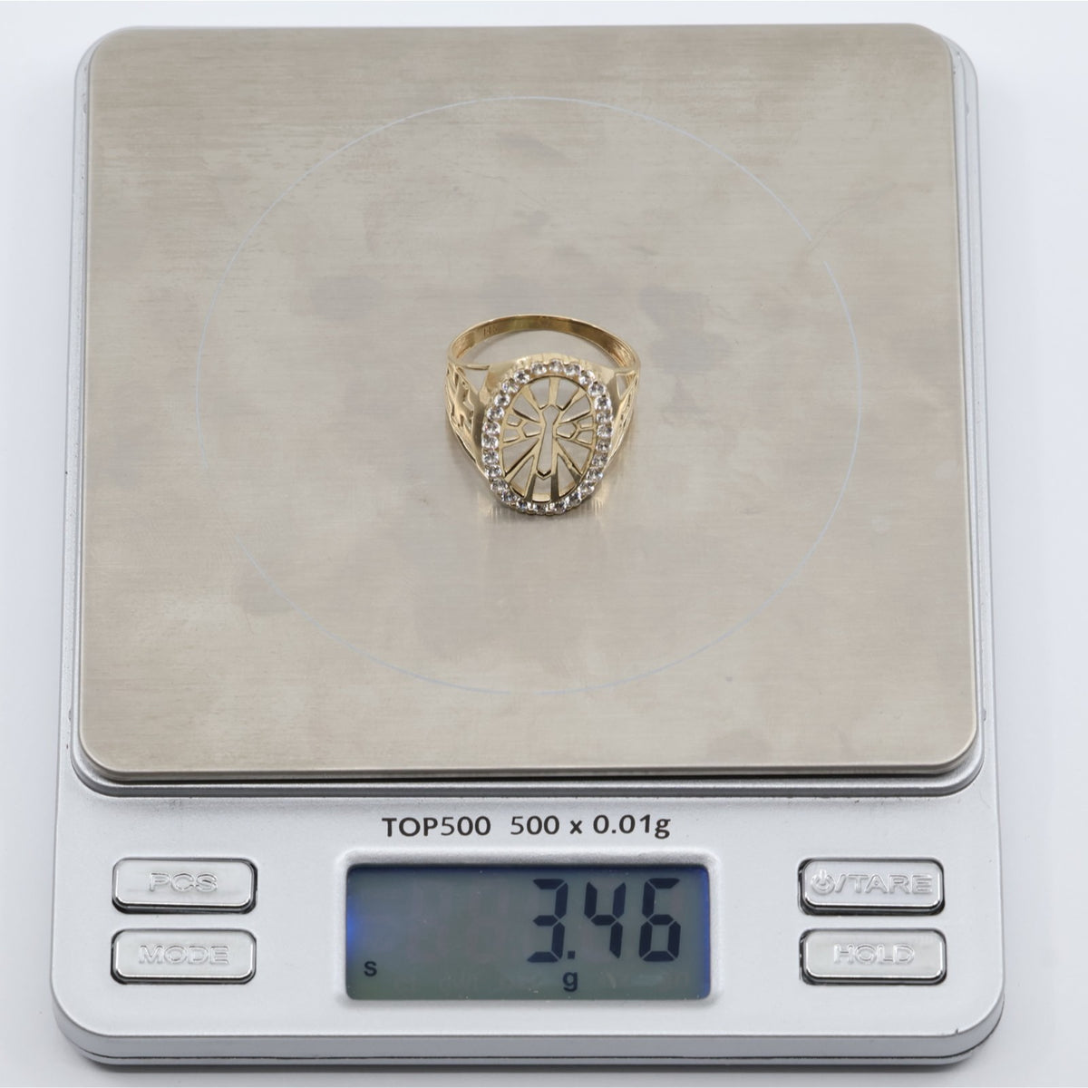 14K Yellow Gold Religious Cross CZ Oval Ring