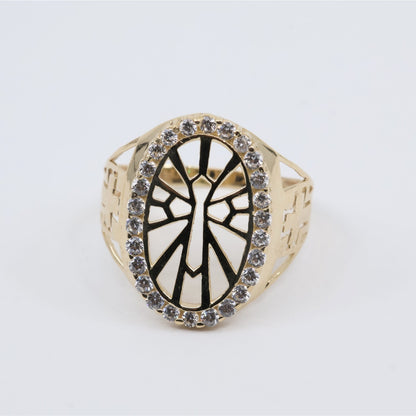14K Yellow Gold Religious Cross CZ Oval Ring