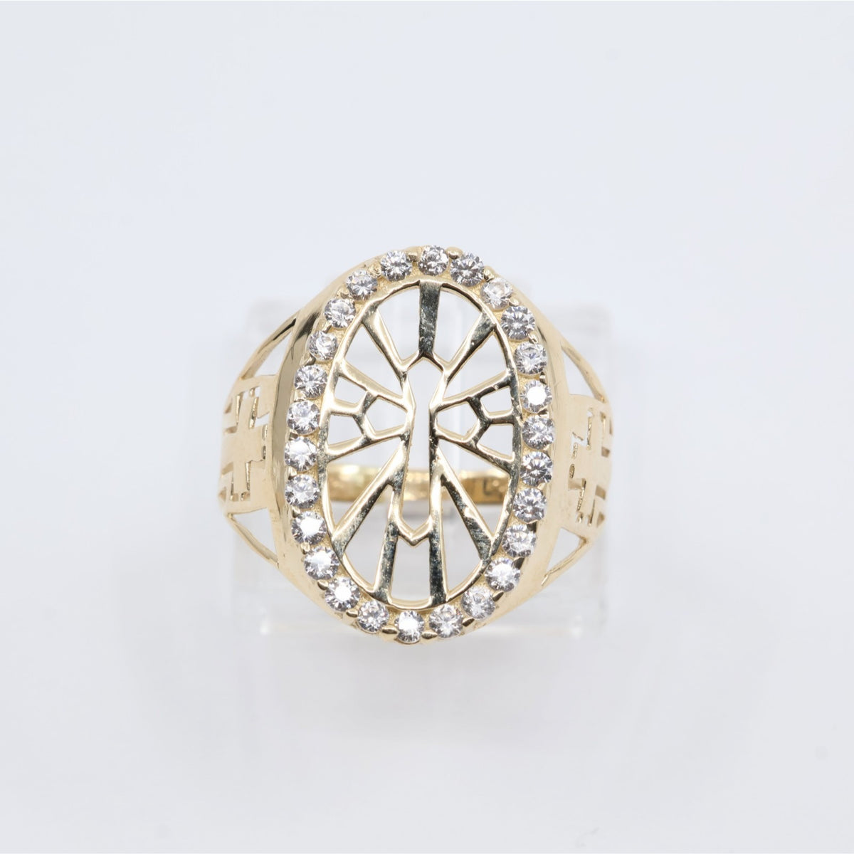 14K Yellow Gold Religious Cross CZ Oval Ring