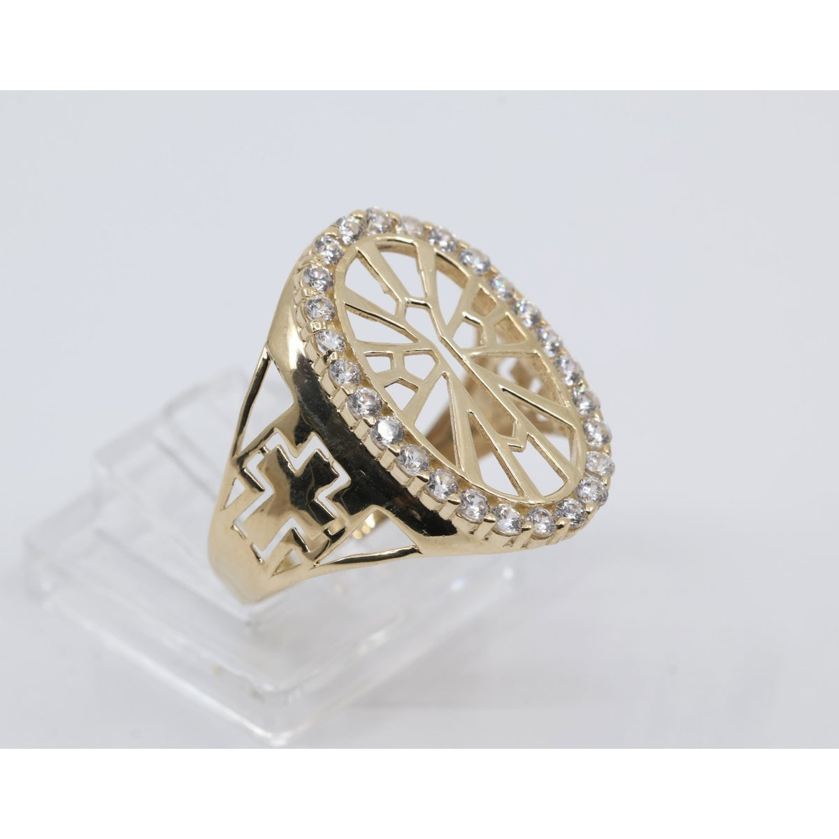 14K Yellow Gold Religious Cross CZ Oval Ring