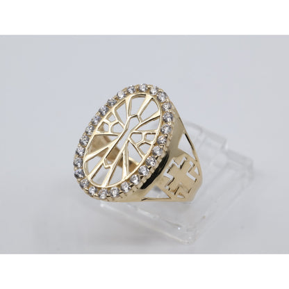 14K Yellow Gold Religious Cross CZ Oval Ring