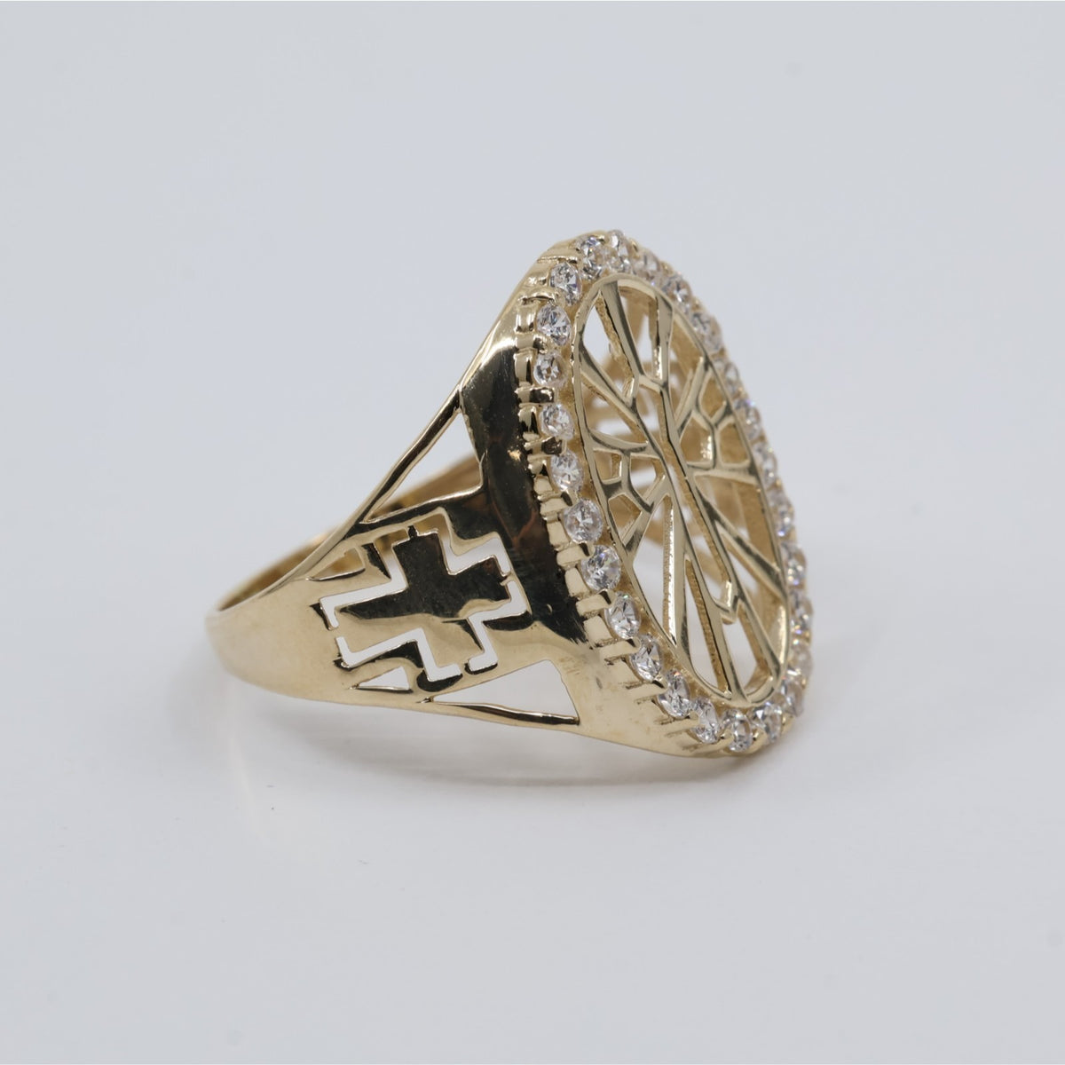 14K Yellow Gold Religious Cross CZ Oval Ring