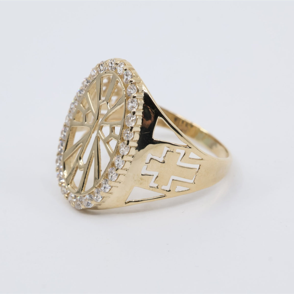 14K Yellow Gold Religious Cross CZ Oval Ring