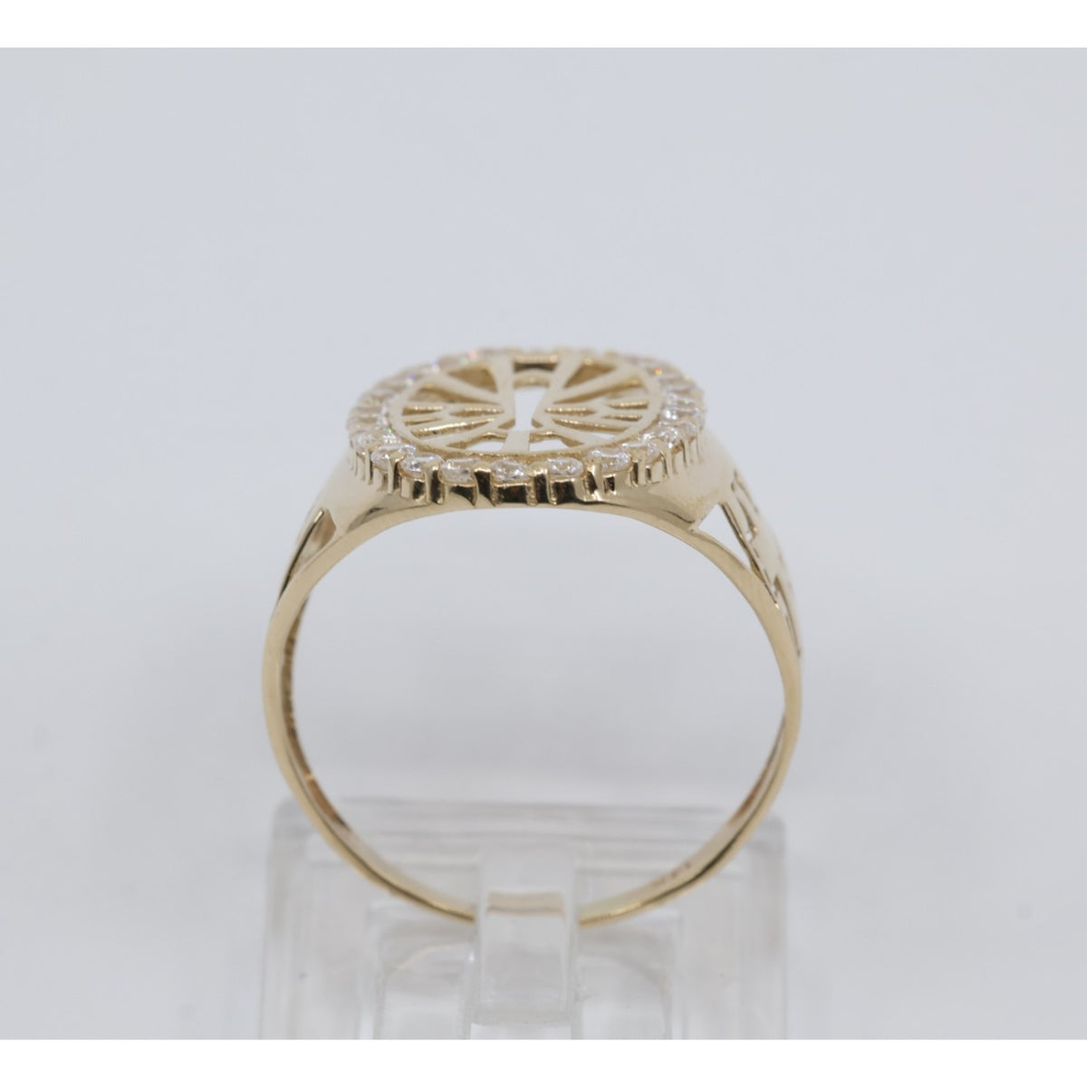 14K Yellow Gold Religious Cross CZ Oval Ring