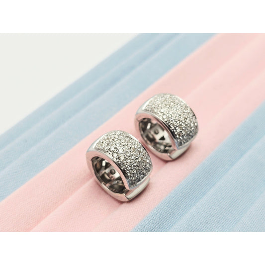 18K White Gold Round Diamond Hinged Hoop Huggie Earrings