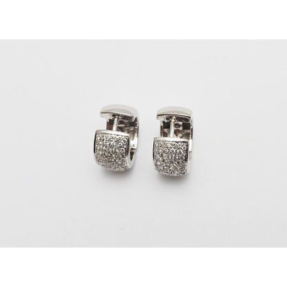 18K White Gold Round Diamond Hinged Hoop Huggie Earrings