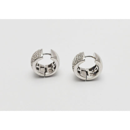 18K White Gold Round Diamond Hinged Hoop Huggie Earrings