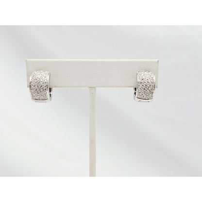 18K White Gold Round Diamond Hinged Hoop Huggie Earrings