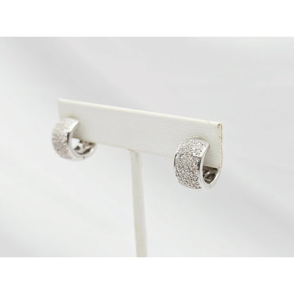 18K White Gold Round Diamond Hinged Hoop Huggie Earrings