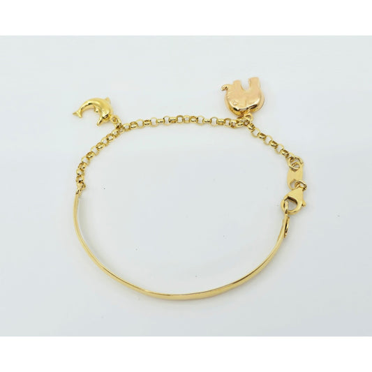 18K Yellow Gold Lucky Elephant, Dolphin Bangle & Link Bracelet
