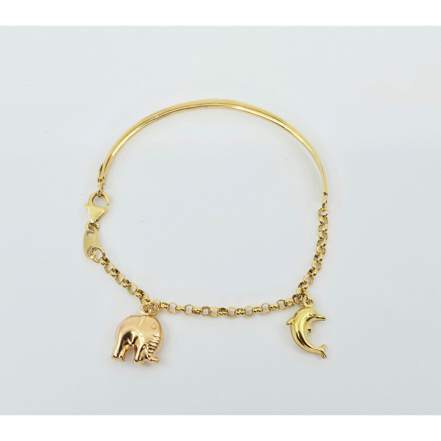 18K Yellow Gold Lucky Elephant, Dolphin Bangle & Link Bracelet
