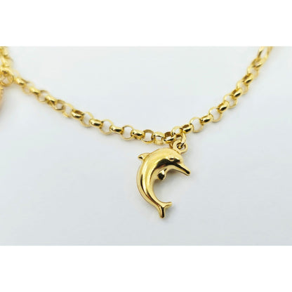 18K Yellow Gold Lucky Elephant, Dolphin Bangle & Link Bracelet