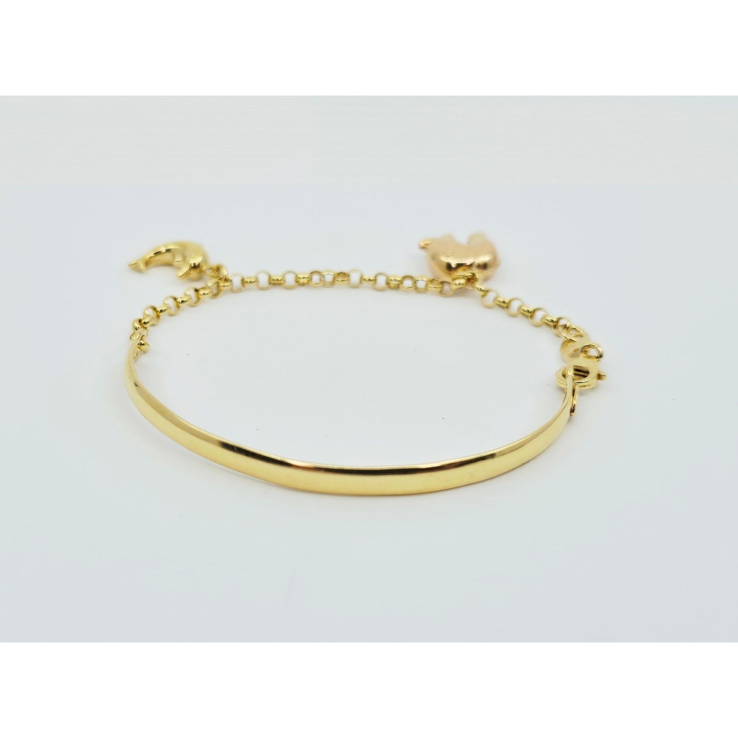 18K Yellow Gold Lucky Elephant, Dolphin Bangle & Link Bracelet