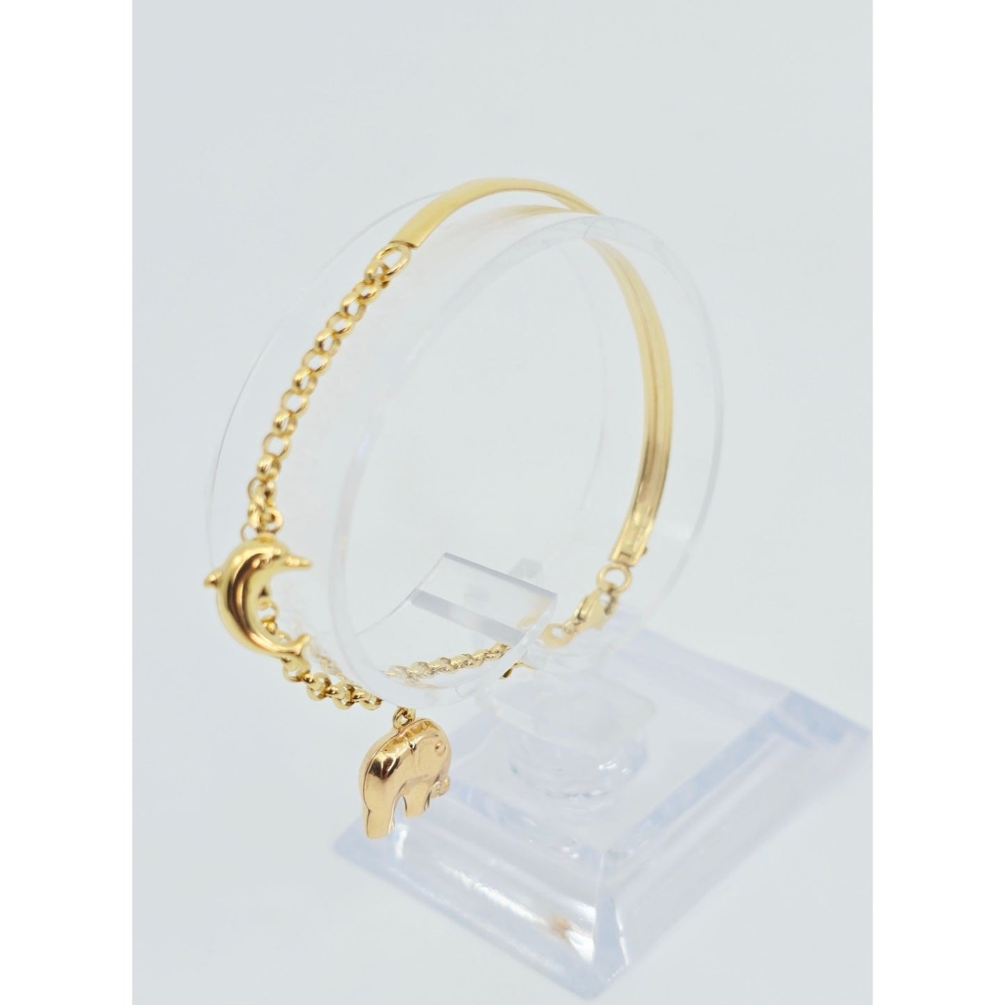 18K Yellow Gold Lucky Elephant, Dolphin Bangle & Link Bracelet