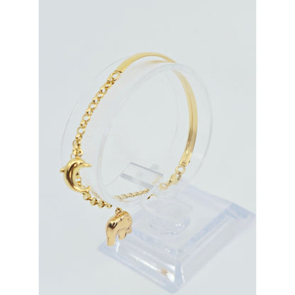 18K Yellow Gold Lucky Elephant, Dolphin Bangle & Link Bracelet