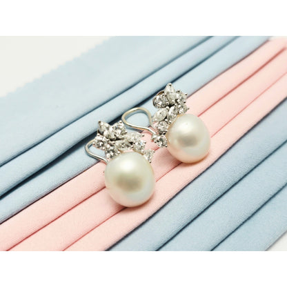 14K White Gold Pearl & Diamond French Clip Earrings